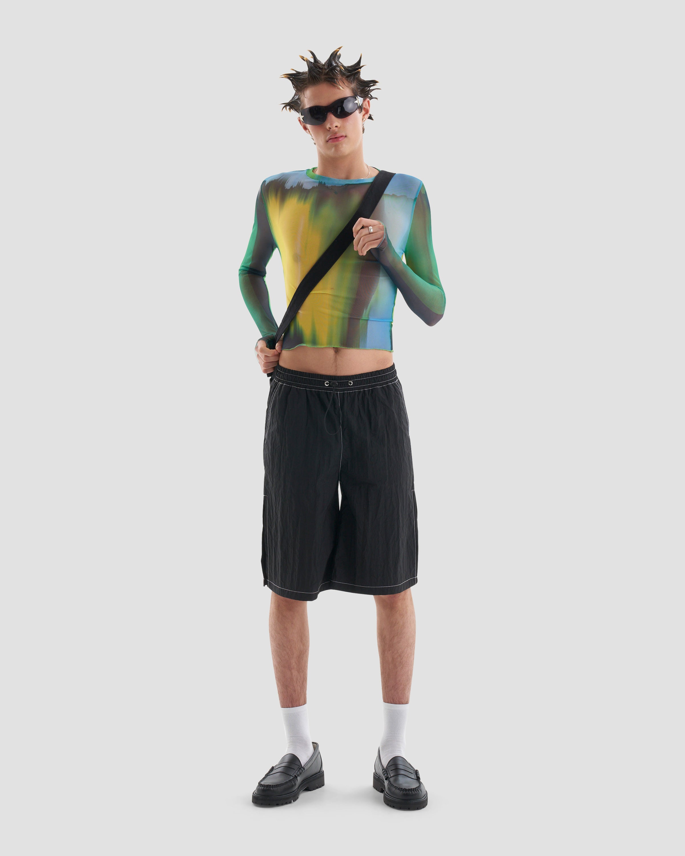 Liquid Mesh Fitted Long Sleeve Top with Print in Multicolour